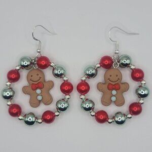 Handmade Christmas Ginger Bread Man With Beaded Hoop Earrings on Sterling Silver